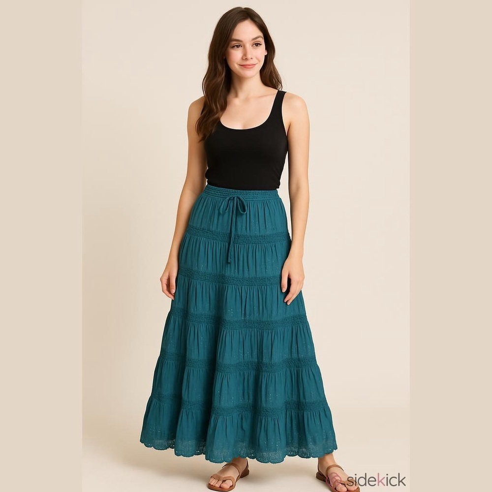 Teal Turquoise Tiered  Retro Boho
Broomstick Maxi Skirt One Size
Crochet Sequins